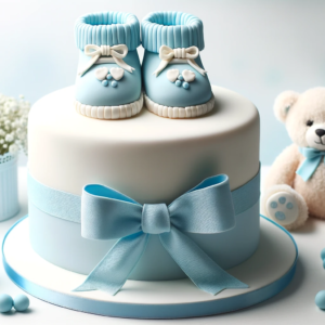 Baby-themed blue and white cake